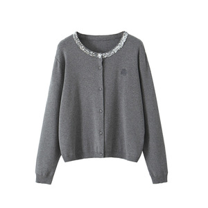 Happy Plus Cardigan en tricot ample à col rond et paillettes pour femme, épaisseur moyenne, anti-boulochage, grande taille - Product Image 3