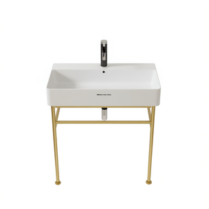 Lavabo de salle de bain en céramique blanche, 32 pouces, rectangulaire, avec trop-plein, pieds dorés, design contemporain - Product Image 1