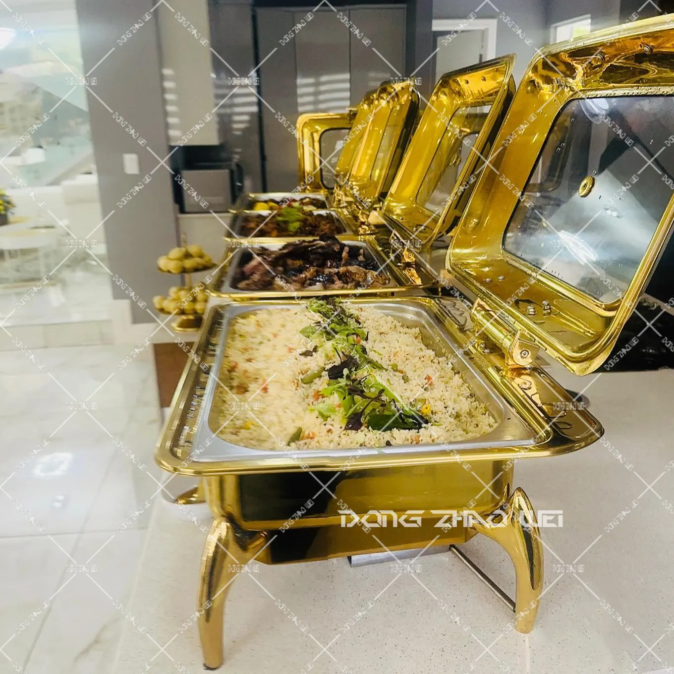 Rectangular Chaffing Dishes Stainless Steel Catering Equipment Double pan 9L Gold Flip Top Chafing Dishes Buffet Set Luxury