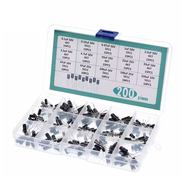 200pcs 15-Value Capacitor Assortment Kit 10V-220uF Electrolytic Capacitors Including 0.1uF-0.22uf 2.2uf 100uf