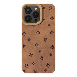 Black Little Flower Brown Faux Leather Mate a prueba de golpes UV pintado Ins Style Phone Case para 17 <span class=keywords><strong>Pro</strong></span> Max 16 Plus 15 14 13 12 Retro - Product Image 6