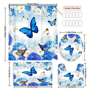 פרפרים כחולים מודרניים ופרחים מקלחת וילון קישוט וילון חדר אמבטיה - Product Image 5