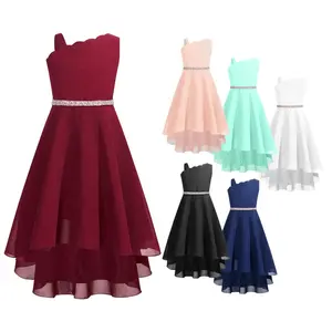 Kinder Meisjes Elegante Chiffon Jurk Mouwloze Asymmetrische Schouder Prinses Baljurk Met Glanzende Riem