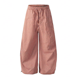 Pantalon large à carreaux bleus avec patchs, taille élastique, coupe décontractée, longueur cheville, style été pour femme - Product Image 5