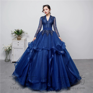 Blue Long Sleeve Ball Gown Women Stage Performance Dress With Embellishments Formal Wear For Choir Singing Art Exam - Product Image 1