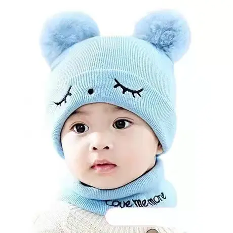 Wholesale Boys Girls Kids Toddles Baby cotton Knitted Beanie Winter Hats And Scarf Set With Faux Fur Pom Pom