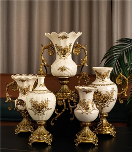 Brass Flower Vase for Hotel - Floral Painted White Enamel Bedside Decor - Product Image 2