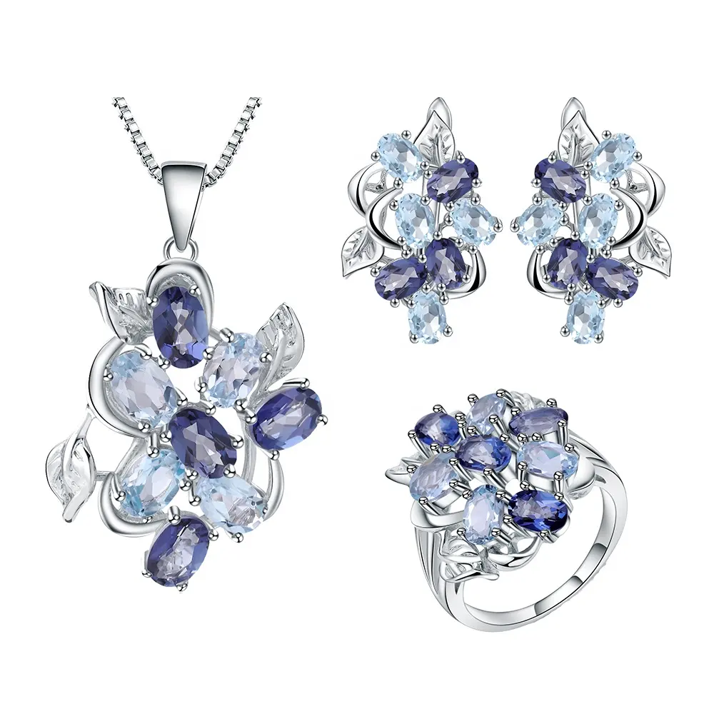 A025 Blijvende Elegante Custom 925 Zilver Natuurlijke London Blauwe Topaz Bruiloft Oorbel Ketting Sieraden Set Voor Vrouwen En Meisjes