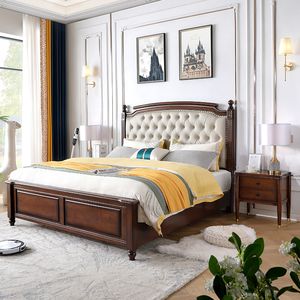 Lit moderne de style <span class=keywords><strong>français</strong></span> simple, 1,8 m, couleur noyer, style américain, luxe léger, rétro, capitonné en cuir, pour chambre principale - Product Image 2