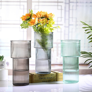 Jarrón de <span class=keywords><strong>Cristal</strong></span> Verde Esmeralda con Diseño Acanalado, Doble Capa, Forma Cilíndrica, Transparente, Moderno, para Decoración de Sala de Estar, para Tulipanes y Rosas - Product Image 3