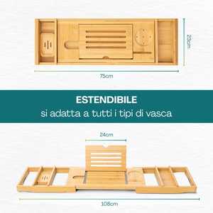 Plateau de bain extensible en bambou 75x23x5 cm avec pieds pour la lecture et la relaxation - Product Image 2