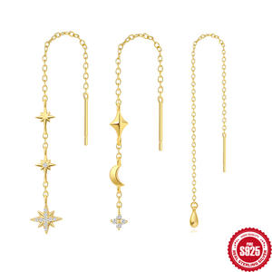 Lanshang anting-anting perak murni 925 anting-anting menjuntai rantai rumbai panjang berlapis emas anting-anting tetesan air Bulan Bintang kawat - Product Image 1