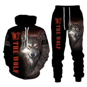 Set di abbigliamento sportivo 2 pezzi personalizzato con stampa lupo da uomo con cappuccio e pantaloni da Jogger per coppie sportive - Product Image 3