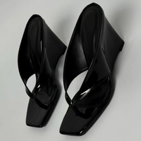 Mules à talon compensé en cuir verni noir pour femme, à bout carré, à enfiler, pour l'été et le quotidien