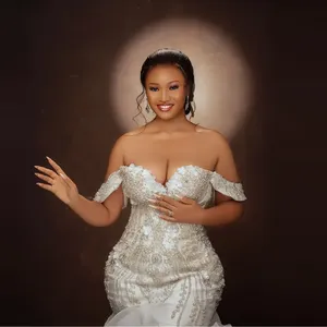 Robe de mariée sirène de luxe à perles et perles de culture, grande taille, épaules dénudées, blanche, élégante, sur mesure, style <span class=keywords><strong>africain</strong></span> - Product Image 6
