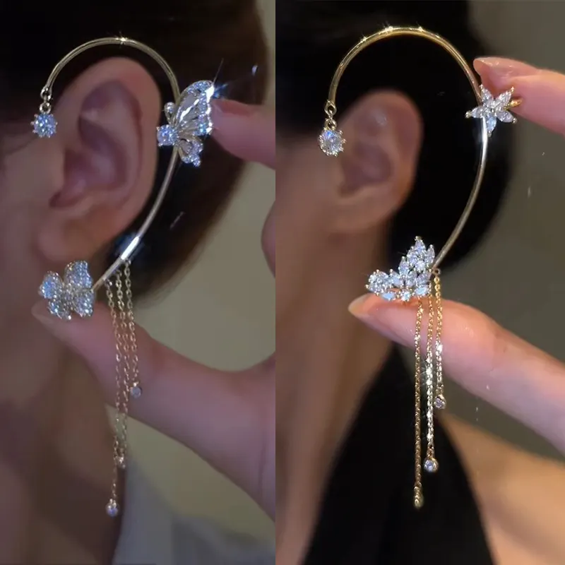 Anting-anting jepit bintang kupu-kupu zirkon Korea, anting-anting manset rumbai panjang trendi, anting-anting tanpa tindik