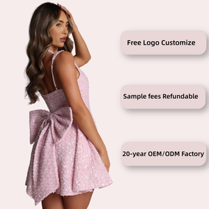 <span class=keywords><strong>Robe</strong></span> mini sans bretelles <span class=keywords><strong>rose</strong></span> scintillante avec détails en sequins, motif uni, <span class=keywords><strong>robe</strong></span> de soirée tissée pour femmes, détail nœud papillon au dos - Product Image 2