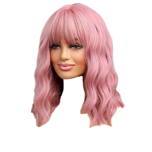 BERON Peluca Rosa Impermeable de 14 Pulgadas para Mujeres y Niñas, Corta y Rizada, Sintética, con Ondas al Agua y Flequillo de Encaje Transparente, Gorro Pequeño - Product Image 1