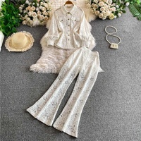 Chemise à manches longues à sequins pour femmes, pantalon évasé en dentelle haut de gamme, ensemble deux pièces