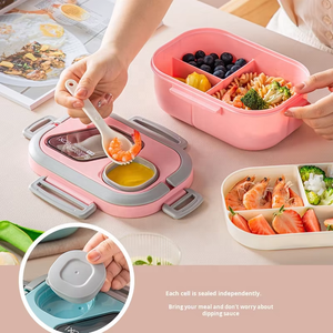 Boîte à lunch Bento double couche avec couvercles en plastique étanches Accessoire cuillère pratique Compartiments scellés - Product Image 5