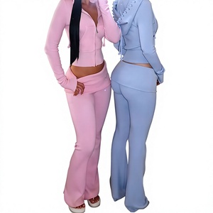 Custom Vintage Distressed Women's 2-Piece <b>Set</b> Solid Fleece <b>Embroidery</b> Logo Short Crop Top Zipper Hoodie Sweatpants women's <b>set's</b> - Product Image 2