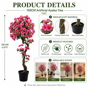 Arbre d'azalée <span class=keywords><strong>en</strong></span> soie artificielle 150 cm, toucher réel, résistant aux UV, écologique, ignifuge, plante fleurie artificielle, fleurs rose vif - Product Image 2