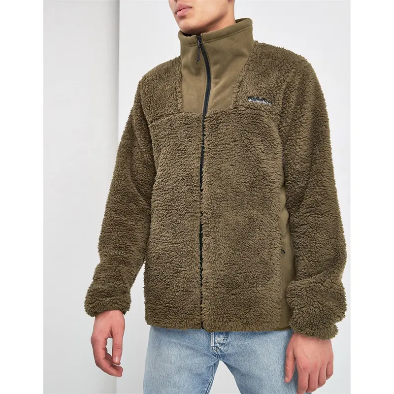 Custom design high quality heavyweight solid color zipper up faux berber sherpa men fleece jacket