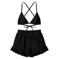 Ensemble de bikini personnalisé en tissu recyclé, haut à nouer avec volants et poches, short de bain, bretelles croisées intemporelles, 2 pièces, vêtements de plage pour femmes