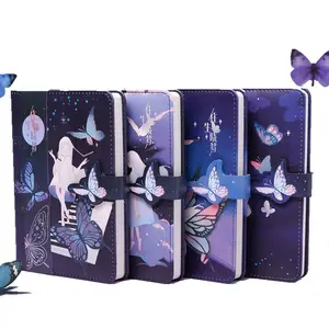 B6 PU cover CMYK printing purple butterfly design with magnetic for closing casebound journals printed sale cute notebook