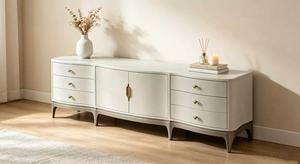 Mueble para TV Curvo de Primera Calidad en Color Blanco Crema, Mueble de Almacenamiento de Madera Maciza de Lujo para Sala de Estar o Dormitorio - Product Image 4