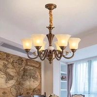 Grand Lustre Vintage en Laiton Décoratif pour Salon Villa Duplex Éclairage Cuivre Plafond Abat-Jour en Verre Suspension Lampe