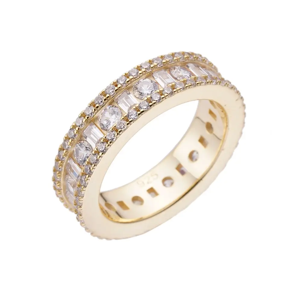 Hot Design Mens Baguettes 5A Cubic Zirconia Yellow Gold Plated Fill Diamond 925 Silver Finger Ring Fashion Jewelry