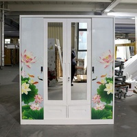 Armoire de chambre à coucher en acier imprimé avec miroir et 4 portes battantes, design personnalisé