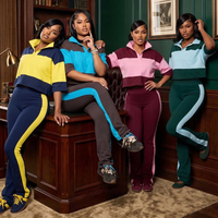 Ensemble de survêtement 2 pièces pour femmes avec logo personnalisé, idéal pour les grandes tailles : Polo à rayures et pantalon de sport