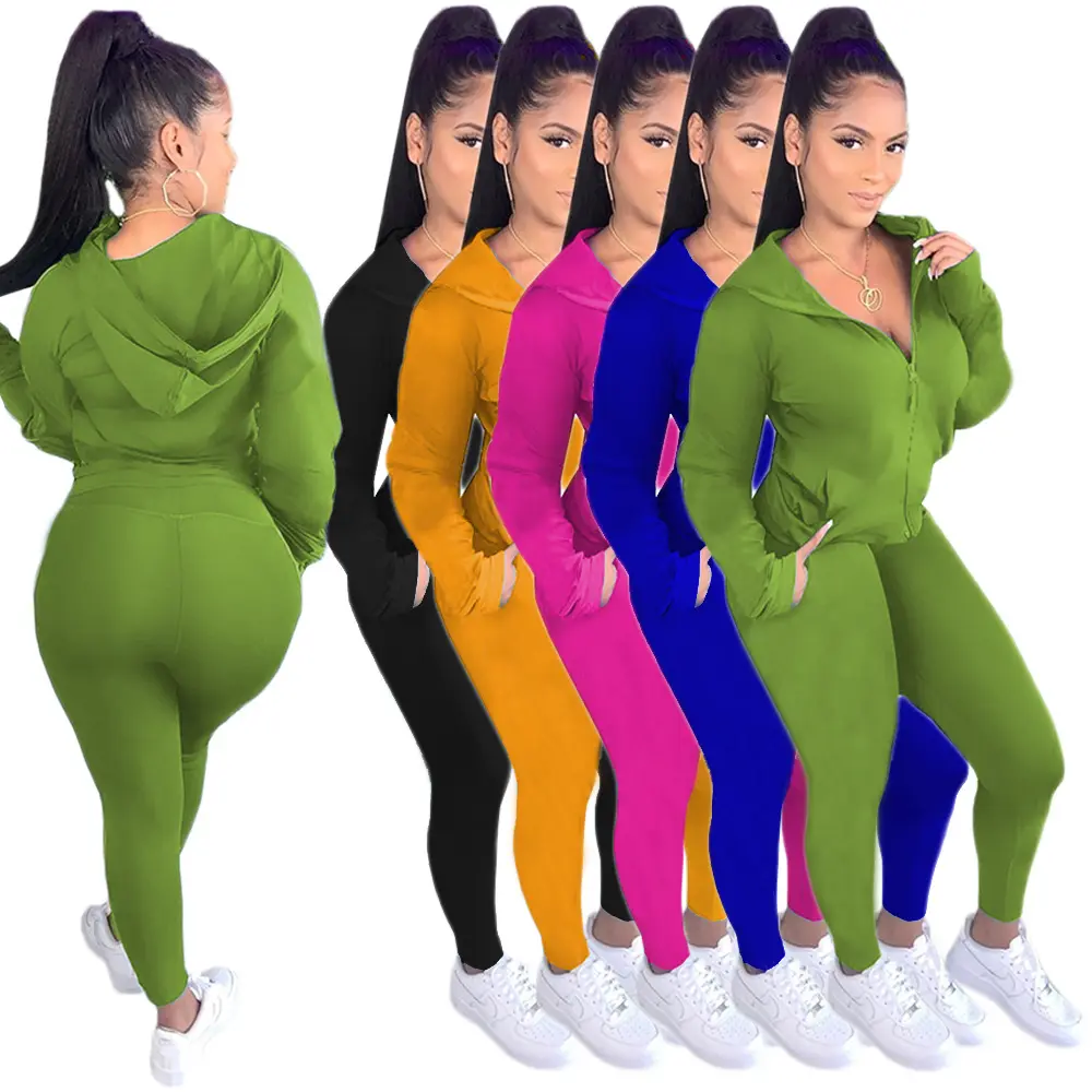 New Arrival Autumn Soild Color Long Sleeve Hoodies Sportswear Tracksuit Suits Casual Jogging Zipper Sets Two Piece For Women