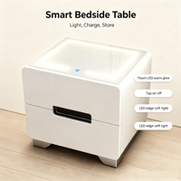 Mesita de Noche Moderna de Madera, Color Blanco Brillante, con Carga Inalámbrica, Luz LED, Mueble Multifuncional para Dormitorio