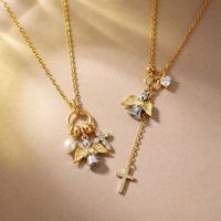 Collar con Colgante de Cruz de Cobre Chapado en Oro de Alta Gama Europeo Americano, con Perla y Circonita, para Mujer