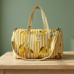 Bolsa de Lona Deportiva de Lujo de Algodón, Duradera, Ligera, con Estampado de Limones y Rayas Amarillas, Gran Capacidad, Cierre de Cremallera, para Viajes de Fin de Semana - Product Image 3