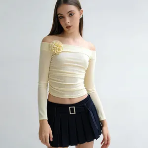 Wholesale Summer Sexy See Through Women Tops Off Shoulder Solid Color y2k Long Sleeve T Shirt