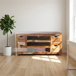Mueble de TV moderno de madera de Sheesham con 4 cajones y 3 estantes para sala de estar, dormitorio o habitación de hotel. - Product Image 3