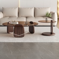 Table basse ronde couleur noyer pour salon, petit appartement, style luxe léger, moderne et minimaliste, table à thé en verre combiné