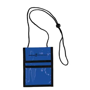 Polyester Travel and exhibition pouch with shiny vinyl pocket and neck cord with stopper