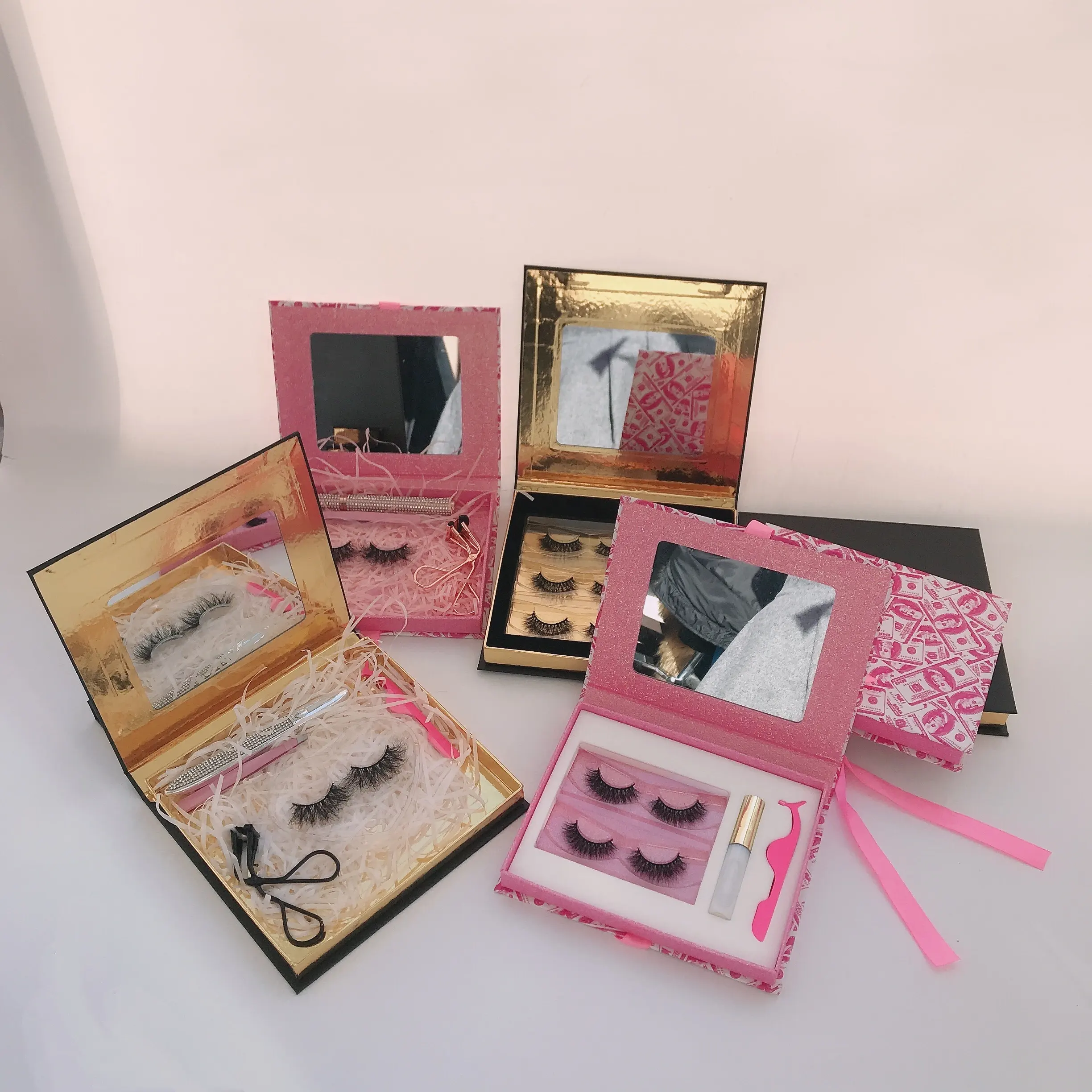 High Quality Eyelashes Pack Two Pairs Of Eyelash Dollar Box With Mirror Empty Pvc Box lash kit