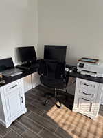 Bureau de direction en L Farmhouse, bureau à domicile avec tiroirs et armoire de rangement et prise de courant, bureau d'ordinateur d'angle, blanc