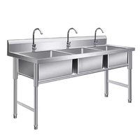 Wastafel Dapur Komersial 3 Kompartemen Baja Anti Karat 300kg/m Beban Tahan Lama, Finishing Matte, Anti Selip, Dilengkapi Backsplash