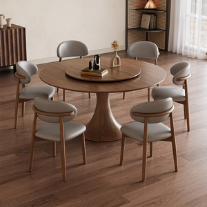 Juego de comedor redondo contemporáneo con <span class=keywords><strong>Lazy</strong></span> <span class=keywords><strong>Susan</strong></span> giratorio, base de pedestal de madera maciza y sillas acolchadas para espacios de vida elegantes - Product Image 5