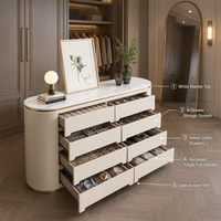 Commode îlot moderne de luxe pour chambre et salon, plateau en marbre, 8 tiroirs, bois massif, émail cuit, design arrondi, entièrement assemblée