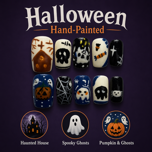 Ongles à presser Halloween, peints à la main, couvrance totale, pré-dessinés, courts à moyens, en acrylique, pour manucure de fête - Product Image 6