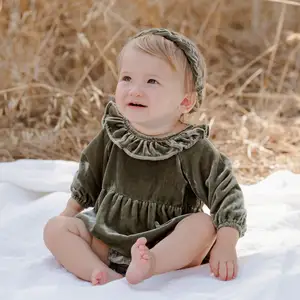 Grosir pakaian Bodysuit bayi perempuan, pakaian gelembung velour, Romper bayi, warna Solid
