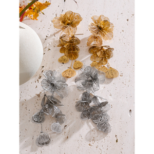 Bông tai mặt dây chuyền hoa kim loại thiết kế rỗng JINYOU 5490 mới về, mạ vàng 18K, thép không gỉ, dành cho nữ - Product Image 2